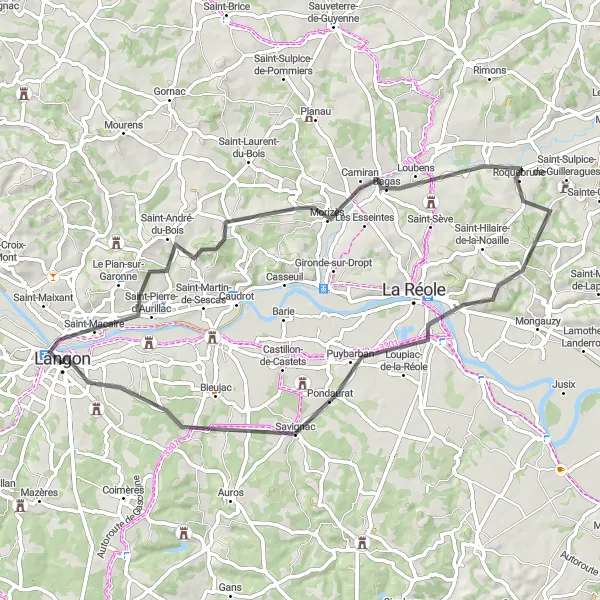 Miniatua del mapa de inspiración ciclista "Exploración de paisajes y pueblos pintorescos" en Aquitaine, France. Generado por Tarmacs.app planificador de rutas ciclistas