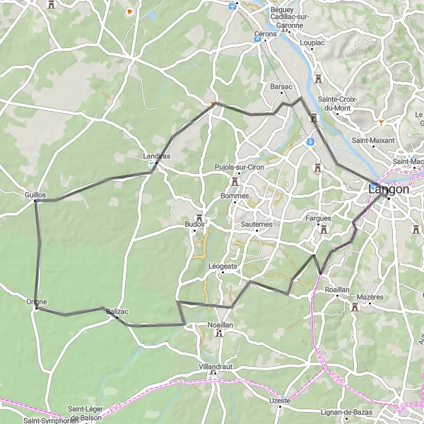 Map miniature of "Road Route from Langon to Toulenne" cycling inspiration in Aquitaine, France. Generated by Tarmacs.app cycling route planner
