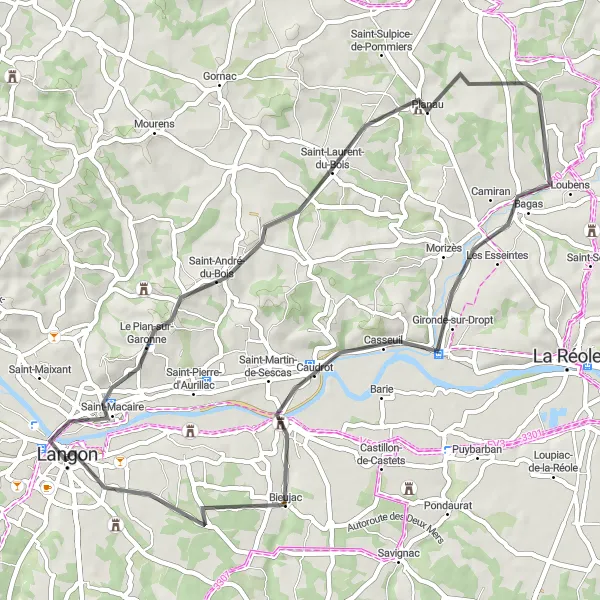 Miniature de la carte de l'inspiration cycliste "Parcours pittoresque autour de Langon" dans la Aquitaine, France. Générée par le planificateur d'itinéraire cycliste Tarmacs.app