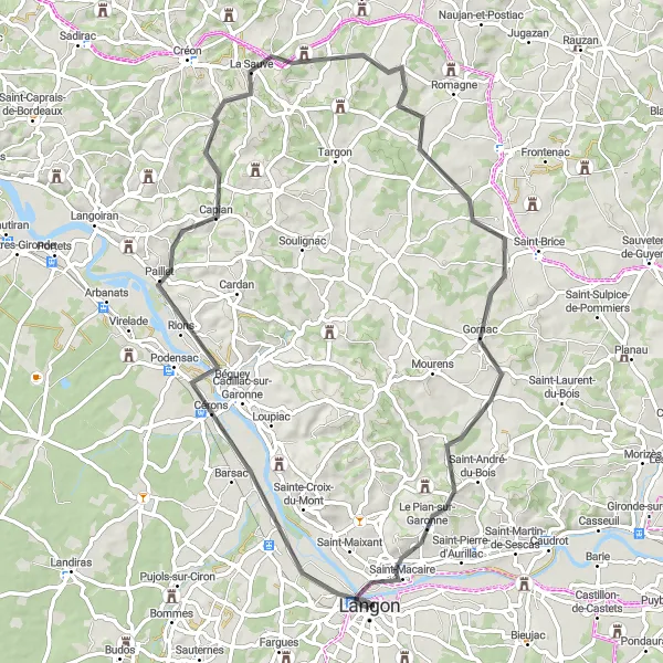 Miniatua del mapa de inspiración ciclista "Ruta desde Langon a Croix de Bord" en Aquitaine, France. Generado por Tarmacs.app planificador de rutas ciclistas