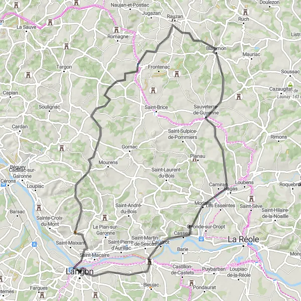 Map miniature of "Vineyards and River Views" cycling inspiration in Aquitaine, France. Generated by Tarmacs.app cycling route planner