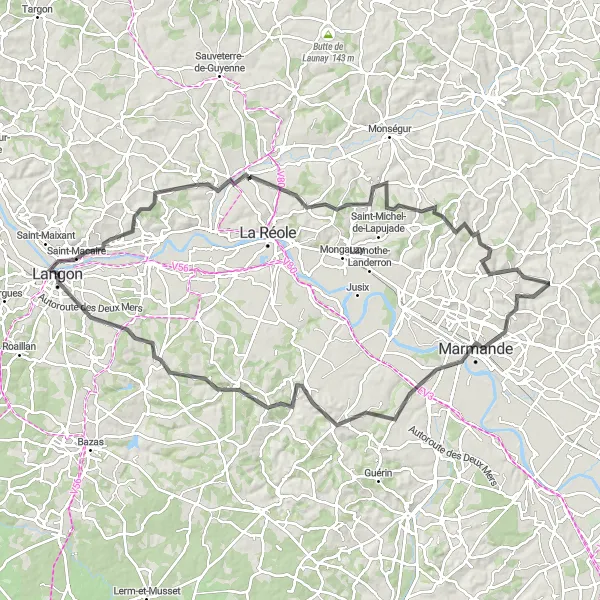 Map miniature of "The Exhilarating Marmande Circuit" cycling inspiration in Aquitaine, France. Generated by Tarmacs.app cycling route planner