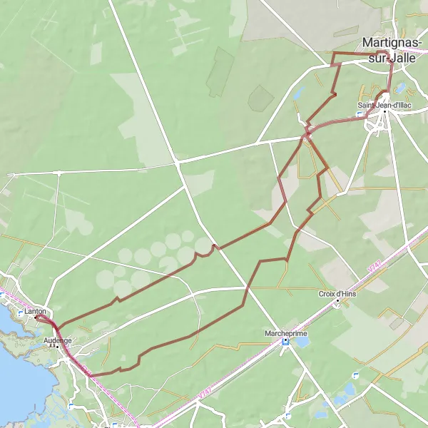 Miniatua del mapa de inspiración ciclista "Recorrido de grava desde Audenge a Martignas-sur-Jalle" en Aquitaine, France. Generado por Tarmacs.app planificador de rutas ciclistas