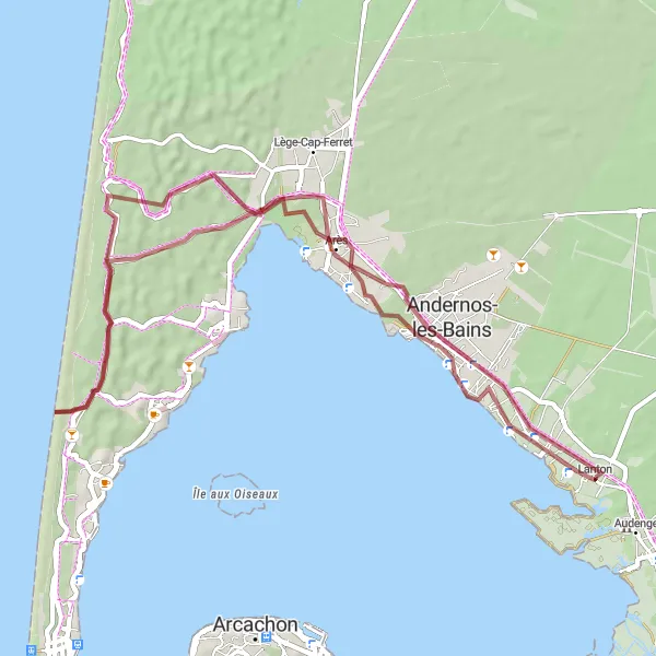 Miniatua del mapa de inspiración ciclista "Recorrido de 57 km en grava desde Lanton" en Aquitaine, France. Generado por Tarmacs.app planificador de rutas ciclistas