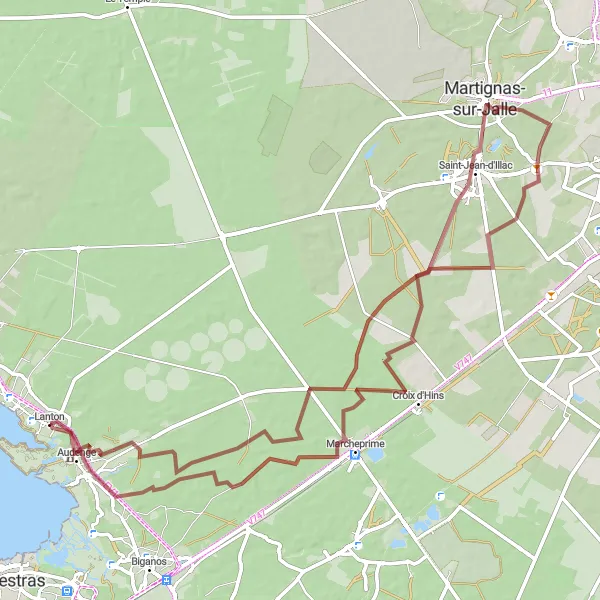 Map miniature of "Châteaux and Nature: Gravel Route in Aquitaine" cycling inspiration in Aquitaine, France. Generated by Tarmacs.app cycling route planner