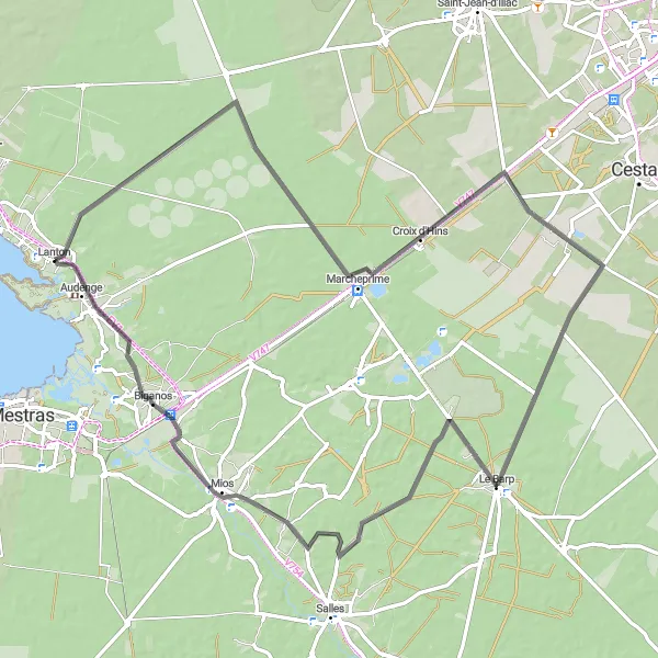Miniatua del mapa de inspiración ciclista "Ruta de 86 km en carretera desde Lanton" en Aquitaine, France. Generado por Tarmacs.app planificador de rutas ciclistas