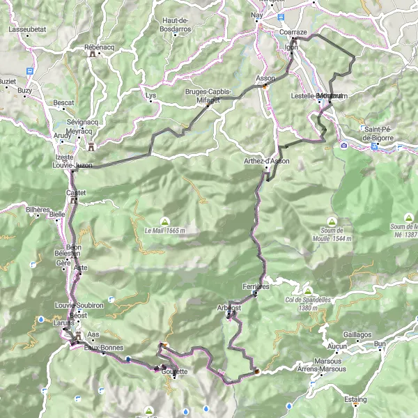 Miniatua del mapa de inspiración ciclista "Aventura Extrema en los Pirineos" en Aquitaine, France. Generado por Tarmacs.app planificador de rutas ciclistas