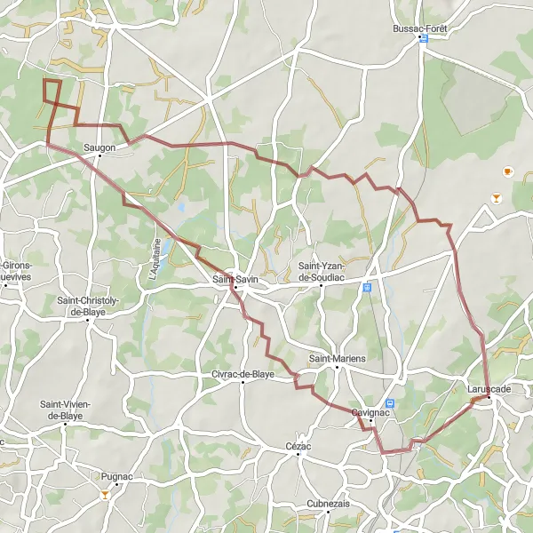 Map miniature of "Saugon Gravel Loop" cycling inspiration in Aquitaine, France. Generated by Tarmacs.app cycling route planner