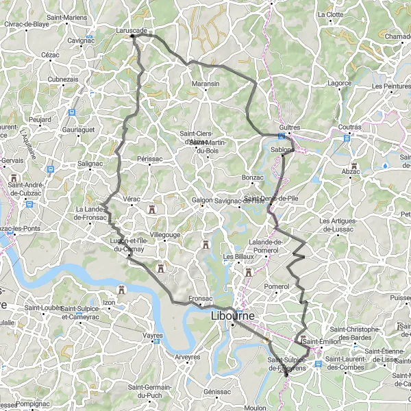 Map miniature of "Picturesque Vineyards and Historic Landmarks" cycling inspiration in Aquitaine, France. Generated by Tarmacs.app cycling route planner