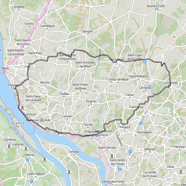 Map miniature of "Cubnezais Circular Route" cycling inspiration in Aquitaine, France. Generated by Tarmacs.app cycling route planner