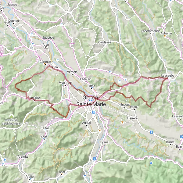 Miniatua del mapa de inspiración ciclista "Ruta de ciclismo de gravel escénica cerca de Lasseube" en Aquitaine, France. Generado por Tarmacs.app planificador de rutas ciclistas