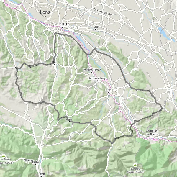 Miniature de la carte de l'inspiration cycliste "Boucle autour de Lasseube en route" dans la Aquitaine, France. Générée par le planificateur d'itinéraire cycliste Tarmacs.app