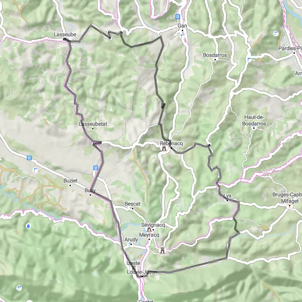 Miniatua del mapa de inspiración ciclista "Ruta en Carretera a Rébénacq" en Aquitaine, France. Generado por Tarmacs.app planificador de rutas ciclistas