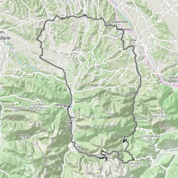 Map miniature of "A challenging road cycling adventure in Aquitaine" cycling inspiration in Aquitaine, France. Generated by Tarmacs.app cycling route planner