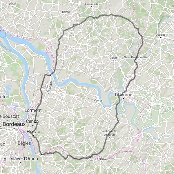 Map miniature of "Génissac Vineyards" cycling inspiration in Aquitaine, France. Generated by Tarmacs.app cycling route planner