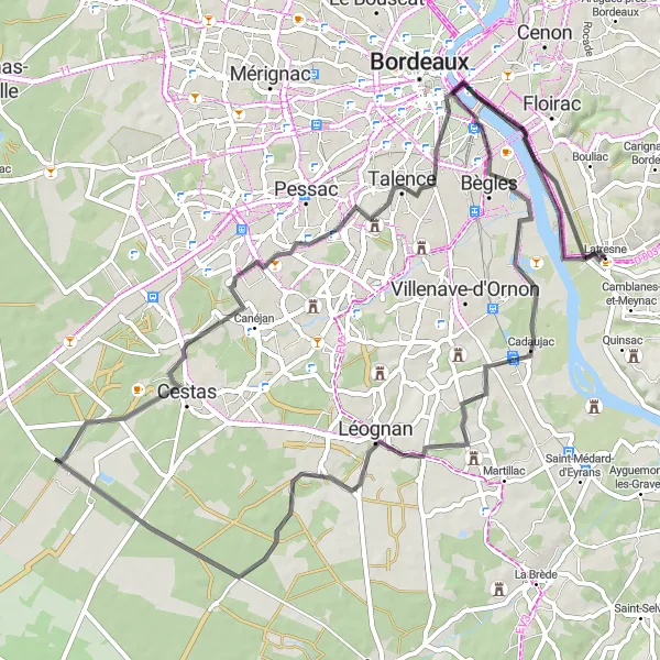 Map miniature of "Scenic Road Ride near Latresne" cycling inspiration in Aquitaine, France. Generated by Tarmacs.app cycling route planner