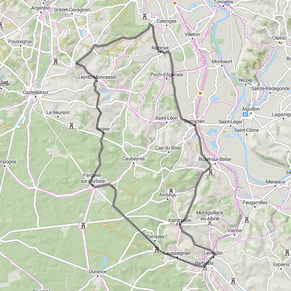 Miniatua del mapa de inspiración ciclista "Ruta de Ciclismo de Carretera por Lavardac y Alrededores" en Aquitaine, France. Generado por Tarmacs.app planificador de rutas ciclistas