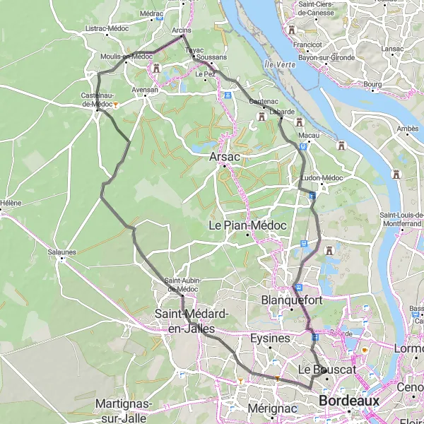 Miniature de la carte de l'inspiration cycliste "Boucle du Médoc" dans la Aquitaine, France. Générée par le planificateur d'itinéraire cycliste Tarmacs.app