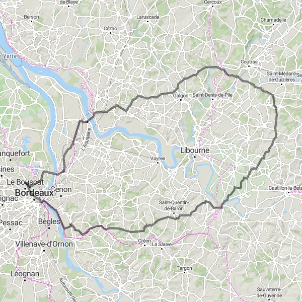 Miniature de la carte de l'inspiration cycliste "Tour de la Lande-de-Fronsac" dans la Aquitaine, France. Générée par le planificateur d'itinéraire cycliste Tarmacs.app