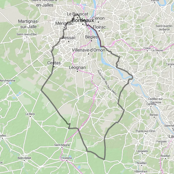 Miniature de la carte de l'inspiration cycliste "Boucle des Vignobles de l'Entre-Deux-Mers" dans la Aquitaine, France. Générée par le planificateur d'itinéraire cycliste Tarmacs.app