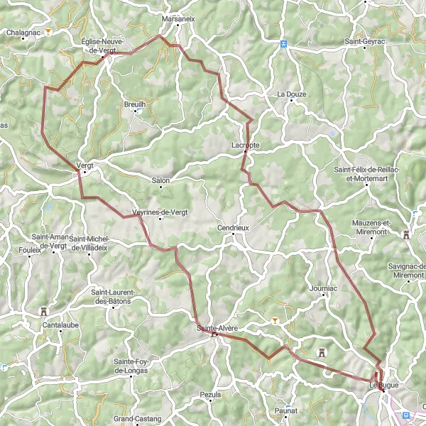 Map miniature of "Gravel Adventure to Sainte-Alvère" cycling inspiration in Aquitaine, France. Generated by Tarmacs.app cycling route planner