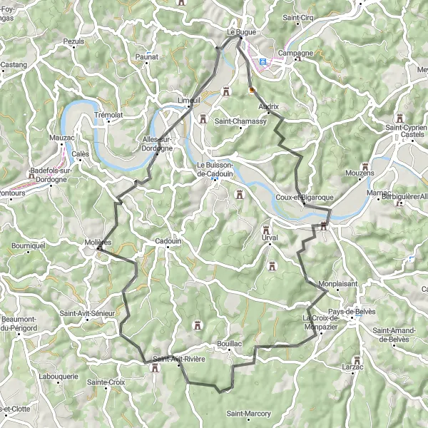 Map miniature of "The Dordogne Loop" cycling inspiration in Aquitaine, France. Generated by Tarmacs.app cycling route planner