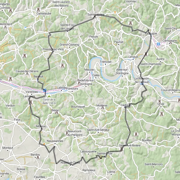 Map miniature of "Challenging Circuit to Naussannes" cycling inspiration in Aquitaine, France. Generated by Tarmacs.app cycling route planner