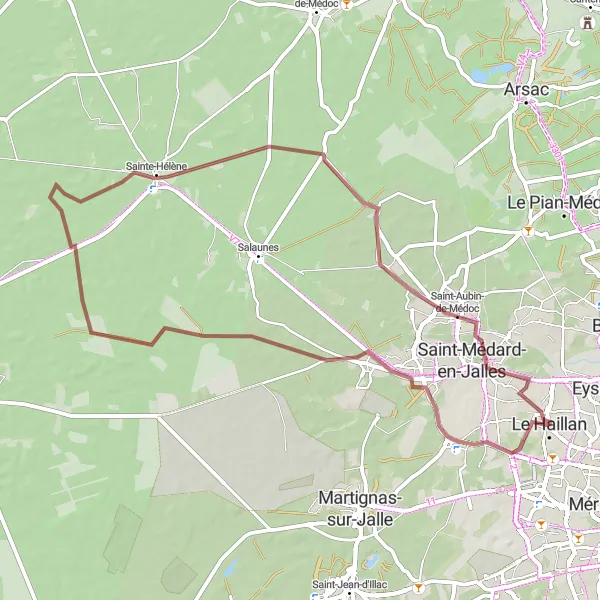 Map miniature of "Le Haillan - Cérillan - Saint-Aubin-de-Médoc - Château Bel Air Loop (Gravel)" cycling inspiration in Aquitaine, France. Generated by Tarmacs.app cycling route planner