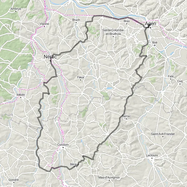 Miniature de la carte de l'inspiration cycliste "Tour des Châteaux du Lot-et-Garonne" dans la Aquitaine, France. Générée par le planificateur d'itinéraire cycliste Tarmacs.app