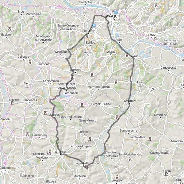 Miniature de la carte de l'inspiration cycliste "Circuit des Châteaux de Gascogne" dans la Aquitaine, France. Générée par le planificateur d'itinéraire cycliste Tarmacs.app