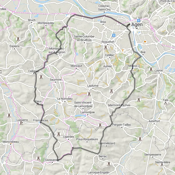 Miniature de la carte de l'inspiration cycliste "Parcours des Châteaux et Villages Médiévaux" dans la Aquitaine, France. Générée par le planificateur d'itinéraire cycliste Tarmacs.app