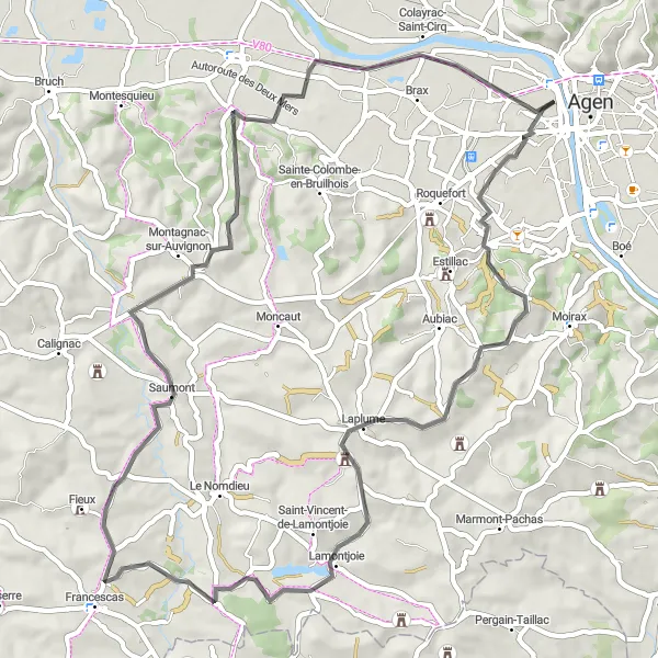 Miniature de la carte de l'inspiration cycliste "Boucle du Canal de Garonne" dans la Aquitaine, France. Générée par le planificateur d'itinéraire cycliste Tarmacs.app
