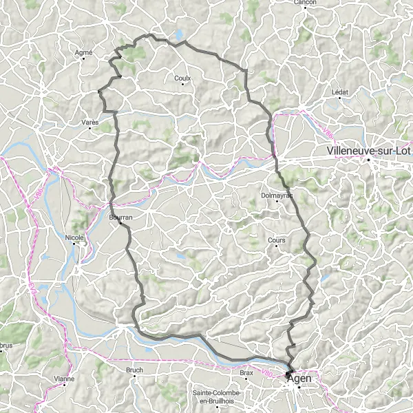 Miniature de la carte de l'inspiration cycliste "Exploration des Bastides du Lot-et-Garonne" dans la Aquitaine, France. Générée par le planificateur d'itinéraire cycliste Tarmacs.app