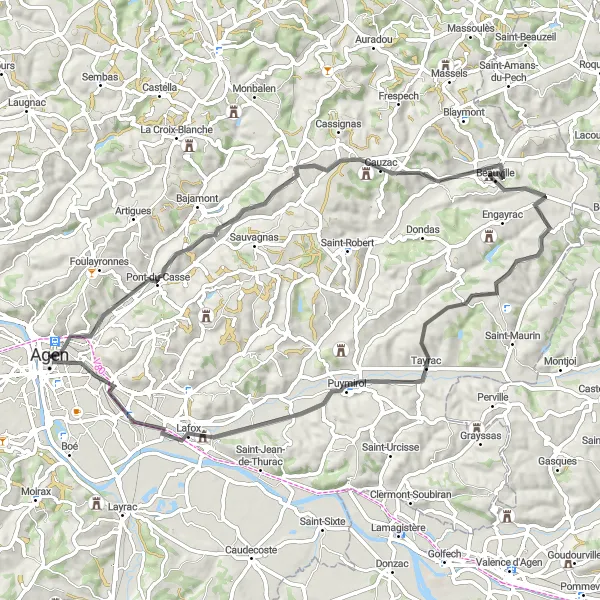 Miniature de la carte de l'inspiration cycliste "Route à travers la Vallée de la Garonne" dans la Aquitaine, France. Générée par le planificateur d'itinéraire cycliste Tarmacs.app