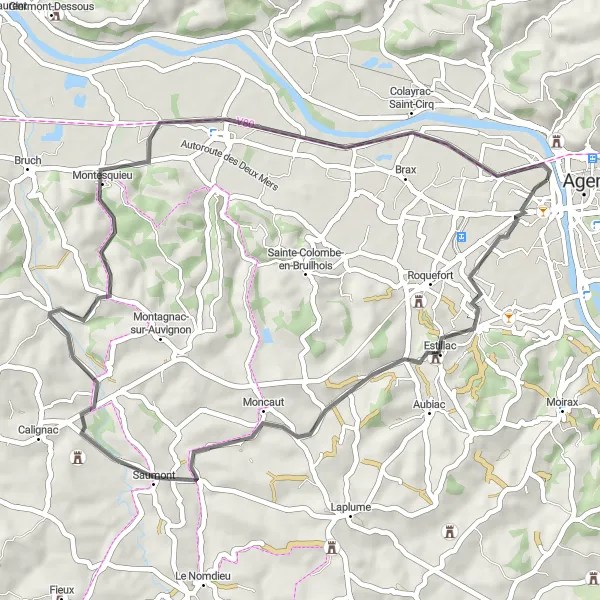 Miniature de la carte de l'inspiration cycliste "Boucle autour d'Estillac" dans la Aquitaine, France. Générée par le planificateur d'itinéraire cycliste Tarmacs.app