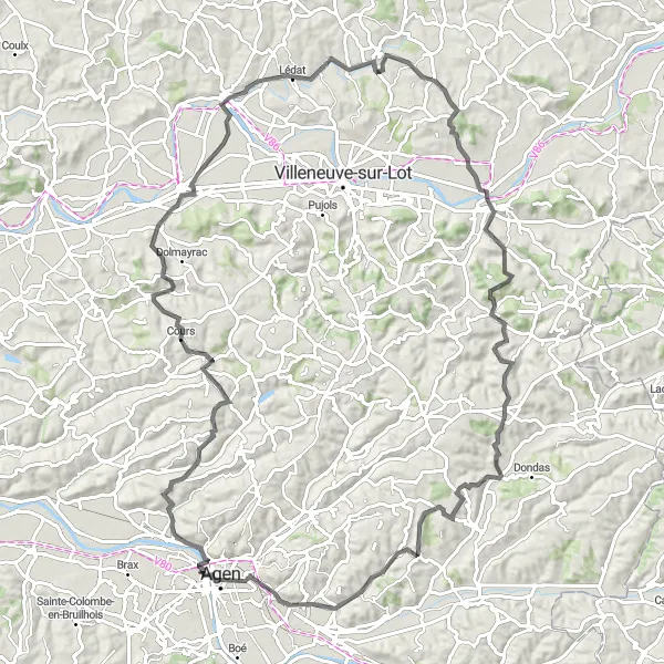 Miniature de la carte de l'inspiration cycliste "Boucle des Ponts du Lot" dans la Aquitaine, France. Générée par le planificateur d'itinéraire cycliste Tarmacs.app
