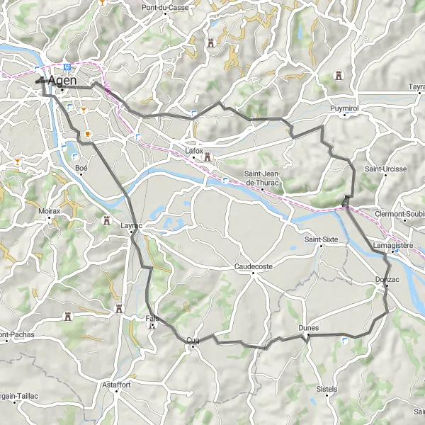 Miniature de la carte de l'inspiration cycliste "Tour des Bastides du Lot-et-Garonne" dans la Aquitaine, France. Générée par le planificateur d'itinéraire cycliste Tarmacs.app