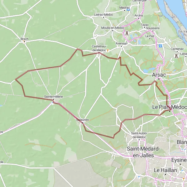 Miniatua del mapa de inspiración ciclista "Ruta de Grava alrededor de Le Pian-Médoc" en Aquitaine, France. Generado por Tarmacs.app planificador de rutas ciclistas