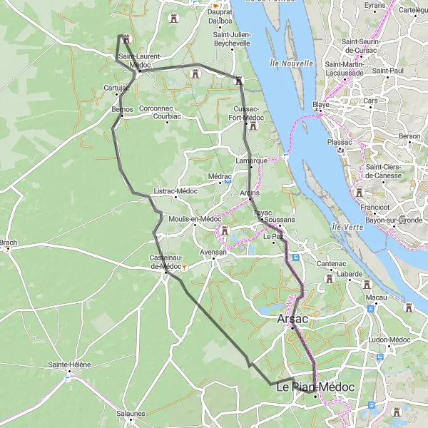 Miniatua del mapa de inspiración ciclista "Ruta de Castelnau-de-Médoc y Arcins" en Aquitaine, France. Generado por Tarmacs.app planificador de rutas ciclistas