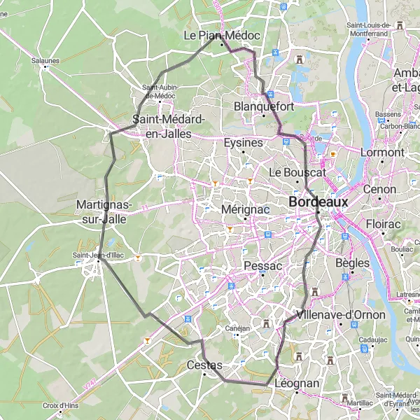 Miniatua del mapa de inspiración ciclista "Ruta de ciclismo en carretera desde Le Pian-Médoc" en Aquitaine, France. Generado por Tarmacs.app planificador de rutas ciclistas