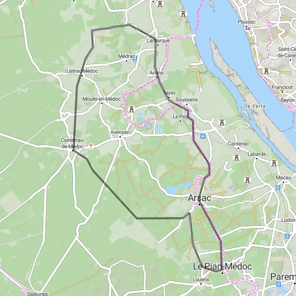 Map miniature of "The Medoc Vineyard Loop" cycling inspiration in Aquitaine, France. Generated by Tarmacs.app cycling route planner