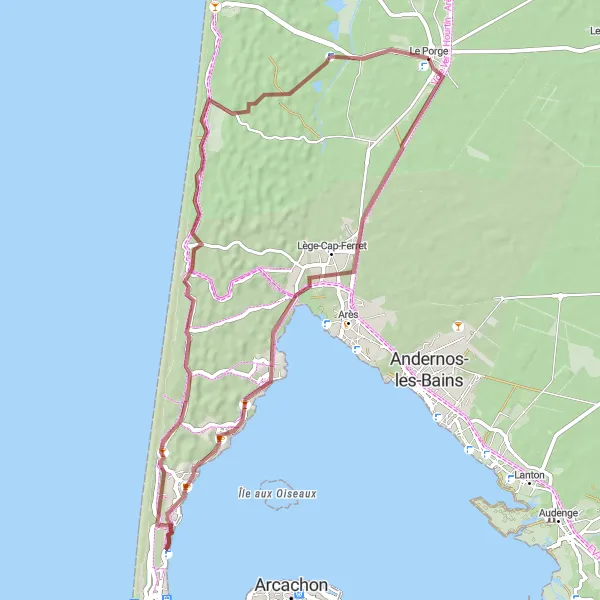 Map miniature of "Le Porge Gravel Route" cycling inspiration in Aquitaine, France. Generated by Tarmacs.app cycling route planner