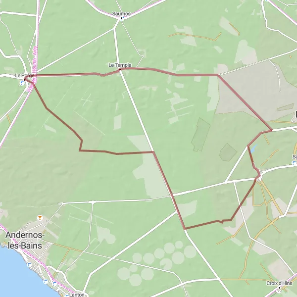 Map miniature of "Le Porge Woodlands Gravel Loop" cycling inspiration in Aquitaine, France. Generated by Tarmacs.app cycling route planner