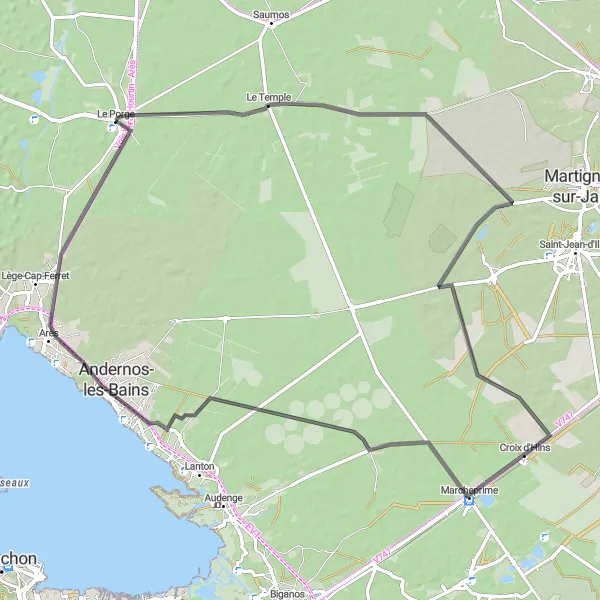 Map miniature of "Scenic Road Trip in Aquitaine" cycling inspiration in Aquitaine, France. Generated by Tarmacs.app cycling route planner