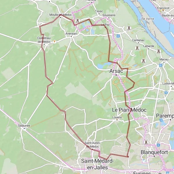 Miniatua del mapa de inspiración ciclista "Ruta de Grava a Saint-Médard-en-Jalles" en Aquitaine, France. Generado por Tarmacs.app planificador de rutas ciclistas
