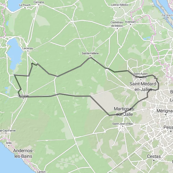 Miniature de la carte de l'inspiration cycliste "Tour de la Gironde côtière" dans la Aquitaine, France. Générée par le planificateur d'itinéraire cycliste Tarmacs.app