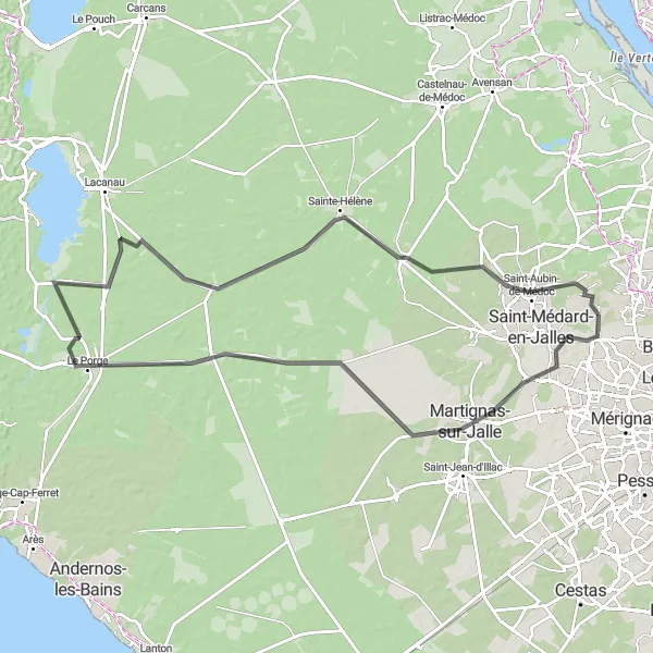 Map miniature of "The Coastal Adventure Road Ride" cycling inspiration in Aquitaine, France. Generated by Tarmacs.app cycling route planner