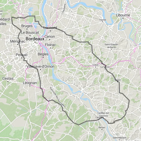 Miniatua del mapa de inspiración ciclista "Ruta de 125 km en carretera desde Le Taillan-Médoc" en Aquitaine, France. Generado por Tarmacs.app planificador de rutas ciclistas