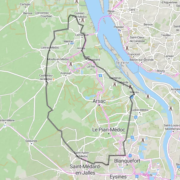 Map miniature of "Châteaux and Vineyards Loop" cycling inspiration in Aquitaine, France. Generated by Tarmacs.app cycling route planner