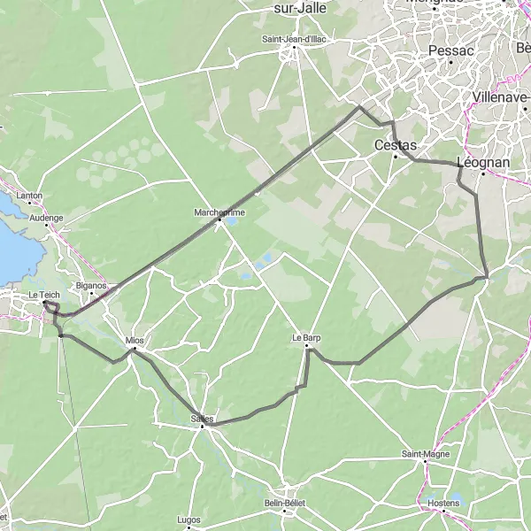 Miniatua del mapa de inspiración ciclista "Recorrido en bicicleta de carretera desde Le Teich" en Aquitaine, France. Generado por Tarmacs.app planificador de rutas ciclistas